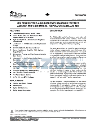 TLV320AIC26IRHBG4 datasheet - LOW POWER STEREO AUDIO CODEC WITH HEADPHONE/SPEAKER AMPLIFIER AND 12-BIT BATTERY / TEMPERATURE / AUXILIARY ADC