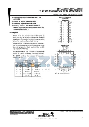 SN74ALS29861 datasheet - 10-BIT BUS TRANSCEIVERS WITH 3-STATE OUTPUTS