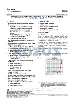 TAS5612DKD datasheet - 125W STEREO / 250W MONO PurePath HD DIGITAL-INPUT POWER STAGE