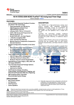 TAS5615DKDR datasheet - 160 W STEREO/300W MONO PurePath HD Analog-Input Power Stage