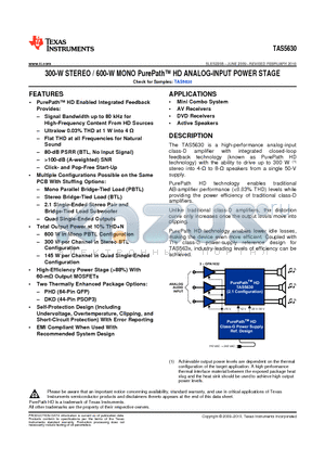 TAS5630PHD datasheet - 300-W STEREO / 600-W MONO PurePath HD ANALOG-INPUT POWER STAGE