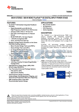 TAS5631PHD datasheet - 300-W STEREO / 600-W MONO PurePath HD DIGITAL-INPUT POWER STAGE