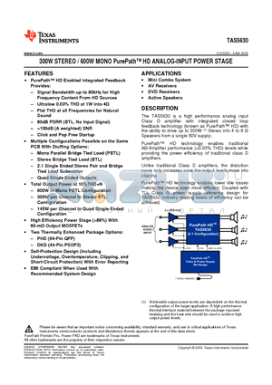 TAS5630DKD datasheet - 300W STEREO / 600W MONO PurePath HD ANALOG-INPUT POWER STAGE