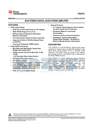 TAS5701 datasheet - 20-W STEREO DIGITAL AUDIO POWER AMPLIFIER