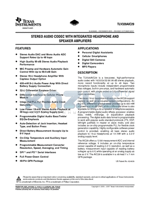 TLV320AIC29IRGZR datasheet - STEREO AUDIO CODEC WITH INTEGRATED HEADPHONE AND SPEAKER AMPLIFIERS