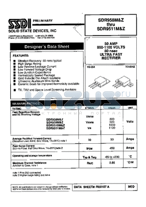 SDR9510Z datasheet - 50 AMP 800-1100 VOLTS 80 nsec ULTRA FAST RECTIFIER