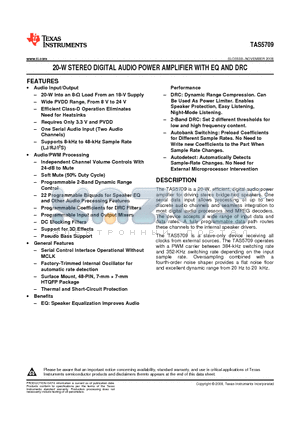 TAS5709PHPR datasheet - 20-W STEREO DIGITAL AUDIO POWER AMPLIFIER WITH EQ AND DRC