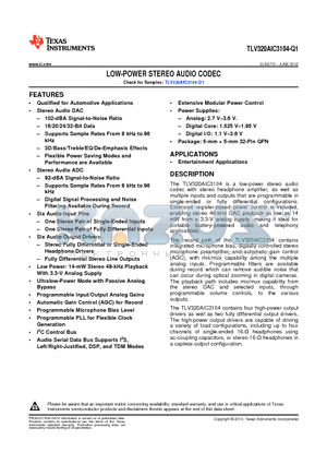 TLV320AIC3104-Q1 datasheet - LOW-POWER STEREO AUDIO CODEC