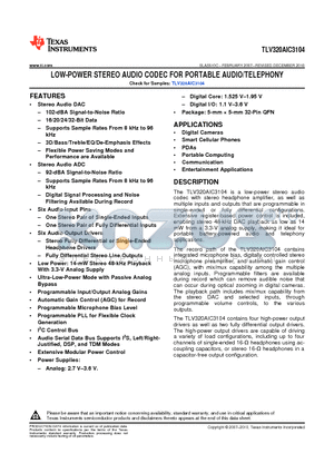 TLV320AIC3104IRHBR datasheet - LOW-POWER STEREO AUDIO CODEC FOR PORTABLE AUDIO/TELEPHONY