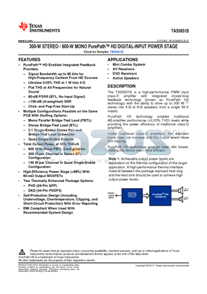 TAS5631BDKD datasheet - 300-W STEREO / 600-W MONO PurePath HD DIGITAL-INPUT POWER STAGE