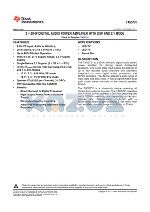 TAS5731 datasheet - 2  20-W DIGITAL AUDIO POWER AMPLIFIER WITH DSP AND 2.1 MODE