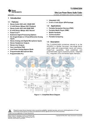 TLV320AIC3204 datasheet - Ultra Low Power Stereo Audio Codec