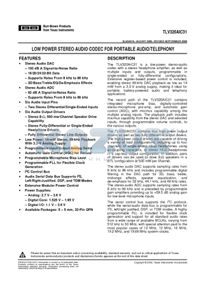 TLV320AIC31IRHBRG4 datasheet - LOW POWER STEREO AUDIO CODEC FOR PORTABLE AUDIO/TELEPHONY