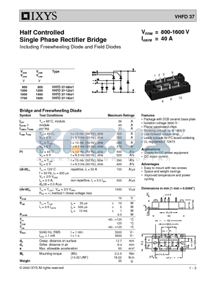 VHFD37-12IO1 datasheet - Half Controlled Single Phase Rectifier Bridge Including Freewheeling Diode and Field Diodes