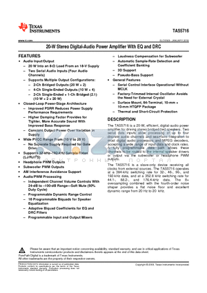TAS5716 datasheet - 20-W Stereo Digital-Audio Power Amplifier With EQ and DRC
