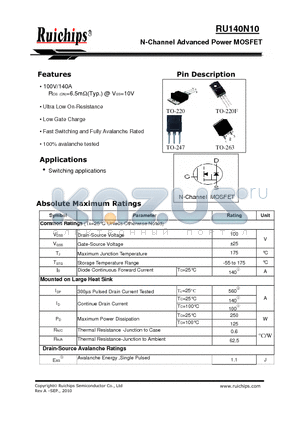 RU140N10R datasheet - N-Channel Advanced Power MOSFET