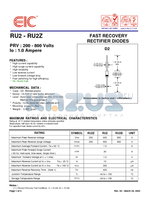 RU2_05 datasheet - FAST RECOVERY RECTIFIER DIODES