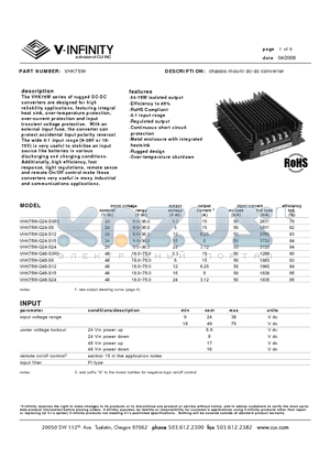 VHK75W-Q48-S12 datasheet - chassis mount dc-dc converter