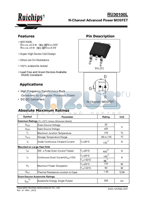 RU30100L datasheet - N-Channel Advanced Power MOSFET