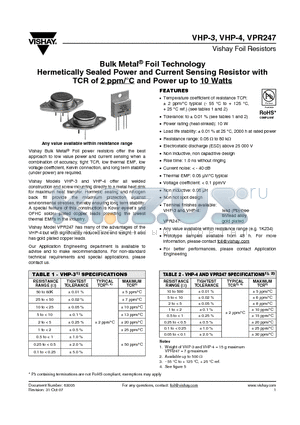 VHP-3T500R00AB datasheet - Bulk Metal^ Foil Technology Hermetically Sealed Power and Current Sensing Resistor with TCR of 2 ppm/`C and Power up to 10 Watts