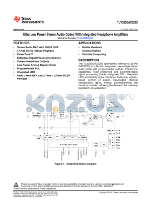 TLV320DAC3203 datasheet - Ultra Low Power Stereo Audio Codec With Integrated Headphone Amplifiers