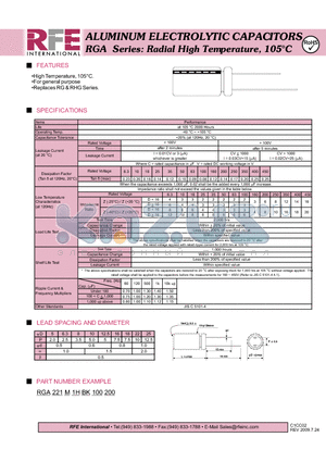 RGA221M1HBK100200 datasheet - ALUMINUM ELECTROLYTIC CAPACITORS RGA Series: Radial High Temperature, 105C