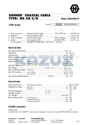 RG58CU datasheet - SUHNER COAXIAL CABLE