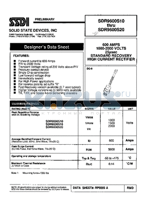 SDR9600S20 datasheet - 600 AMPS 1000 - 2000 VOLTS 25 usec STANDARD RECOVERY HIGH CURRENT RECTIFIER