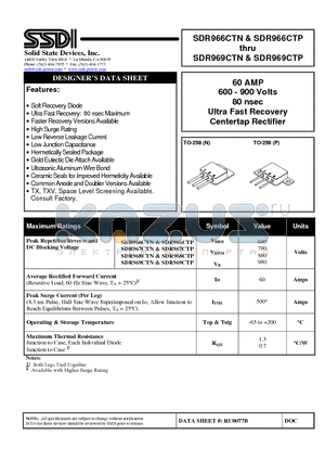SDR966CTN datasheet - 60 AMP 600 - 900 Volts 80 nsec Ultra Fast Recovery Centertap Rectifier