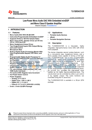 TLV320DAC3120 datasheet - Low-Power Mono Audio DAC With Embedded miniDSP and Mono Class-D Speaker Amplifier