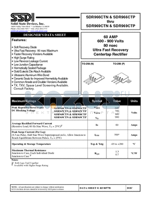 SDR967CTP datasheet - 60 AMP 600 - 900 Volts 80 nsec Ultra Fast Recovery Centertap Rectifier