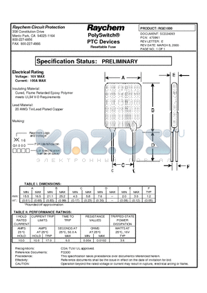 RGE1000 datasheet - PolySwitch^PTC Devices Resettable Fuse