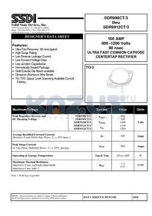 SDR9910CT/3 datasheet - 100 AMP 800 -1200 Volts 80 nsec ULTRA FAST COMMON CATHODE CENTERTAP RECTIFIER