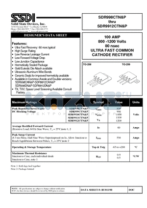 SDR9910CTP datasheet - 100 AMP 800 -1200 Volts 80 nsec ULTRA FAST COMMON CATHODE RECTIFIER