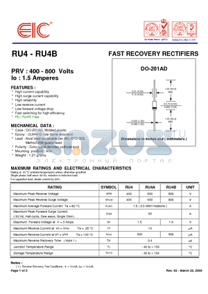 RU4 datasheet - FAST RECOVERY RECTIFIERS