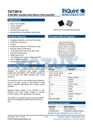 TAT3814 datasheet - 5-300 MHz Variable Gain Return Path Amplifier