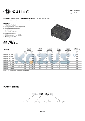 VHS1-S12-S12-SIP datasheet - DC-DC CONVERTER