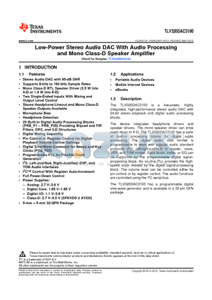 TLV320DAC3100IRHBR datasheet - Low-Power Stereo Audio DAC With Audio Processing and Mono Class-D Speaker Amplifier