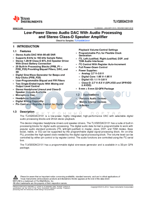 TLV320DAC3101 datasheet - Low-Power Stereo Audio DAC With Audio Processing and Stereo Class-D Speaker Amplifier