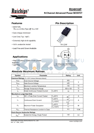 RU4H10P datasheet - N-Channel Advanced Power MOSFET