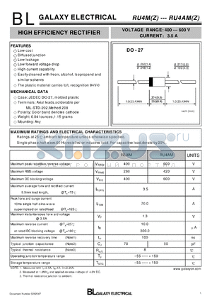 RU4M datasheet - HIGH EFFICIENCY RECTIFIER