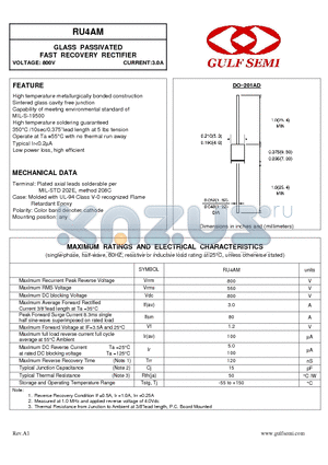 RU4AM datasheet - GLASS PASSIVATED FAST RECOVERY RECTIFIER VOLTAGE: 800V CURRENT:3.0A