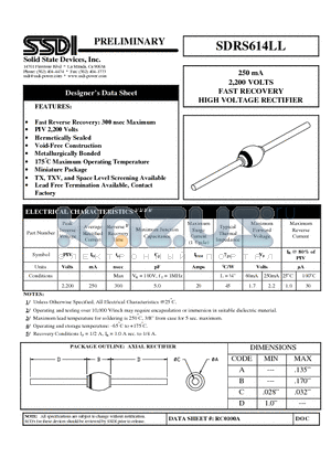 SDRS614LL datasheet - 250 mA 2,200 VOLTS FAST RECOVERY HIGH VOLTAGE RECTIFIER