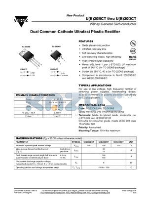 UB30DCT-E3/4W datasheet - Dual Common-Cathode Ultrafast Plastic Rectifier