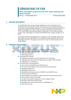 UBA2015A datasheet - 600 V fluorescent lamp driver with PFC, linear dimming and boost function