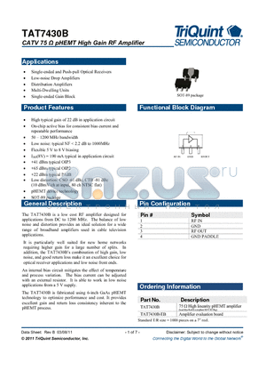 TAT7430B-EB datasheet - CATV 75 Y pHEMT High Gain RF Amplifier