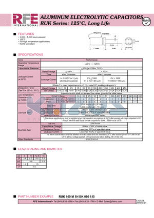 RUK100M1HBK080115 datasheet - ALUMINUM ELECTROLYTIC CAPACITORS RUK Series: 125`C, Long Life