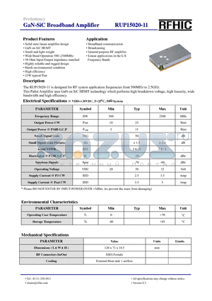 RUP15020-11 datasheet - GaN-SiC Broadband Amplifier
