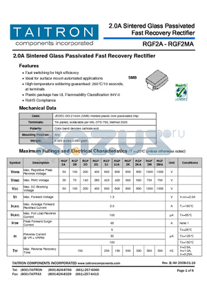 RGF2A datasheet - 2.0A Sintered Glass Passivated Fast Recovery Rectifier