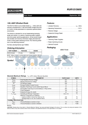 RUR1S1560S9A datasheet - 15A, 600V Ultrafast Diode